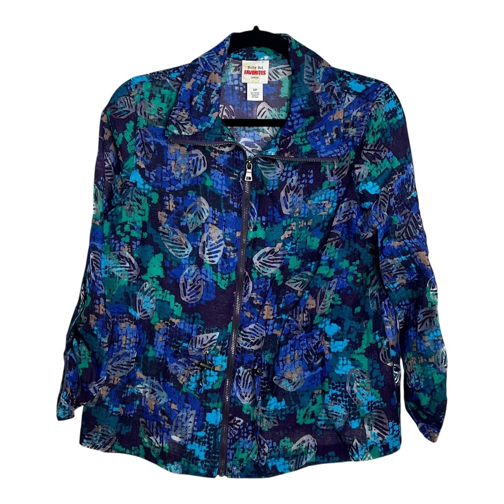 Ruby‎ Rd Favorites Womens Petite 12P Blue Abstract Leaf Zip Up Roll Tab Jacket